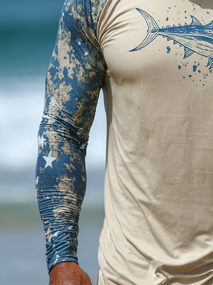 Men's Outdoor Sun Protection Breathable Cool Face Mask Hooded Printed Long-Sleeved Top