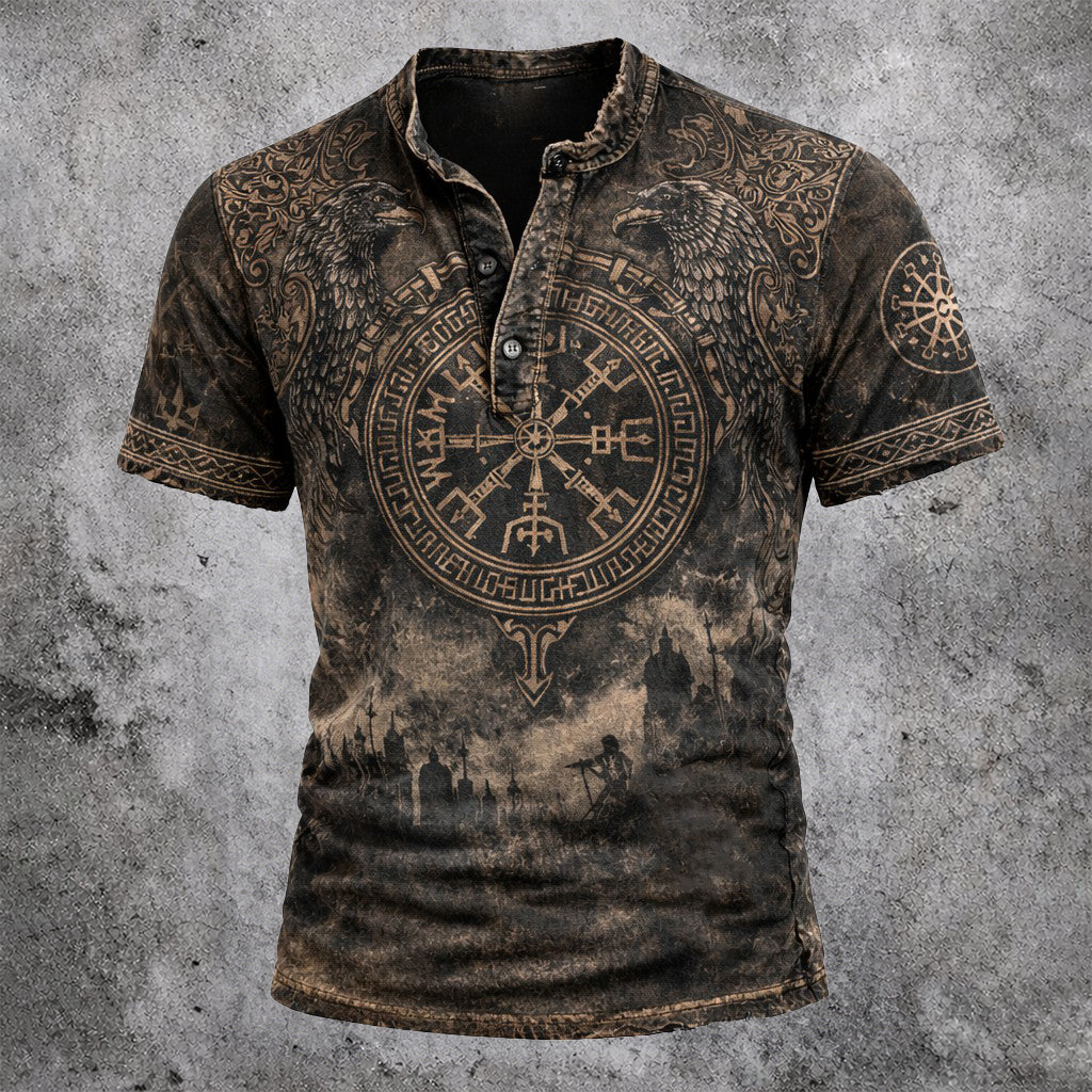 Men's Viking Graphic Print Henley Shirt - Raven & Vegvisir Distressed Short Sleeve T-Shirt