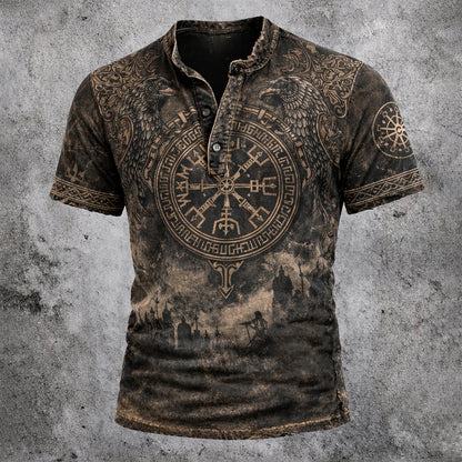 Men's Viking Graphic Print Henley Shirt - Raven & Vegvisir Distressed Short Sleeve T-Shirt