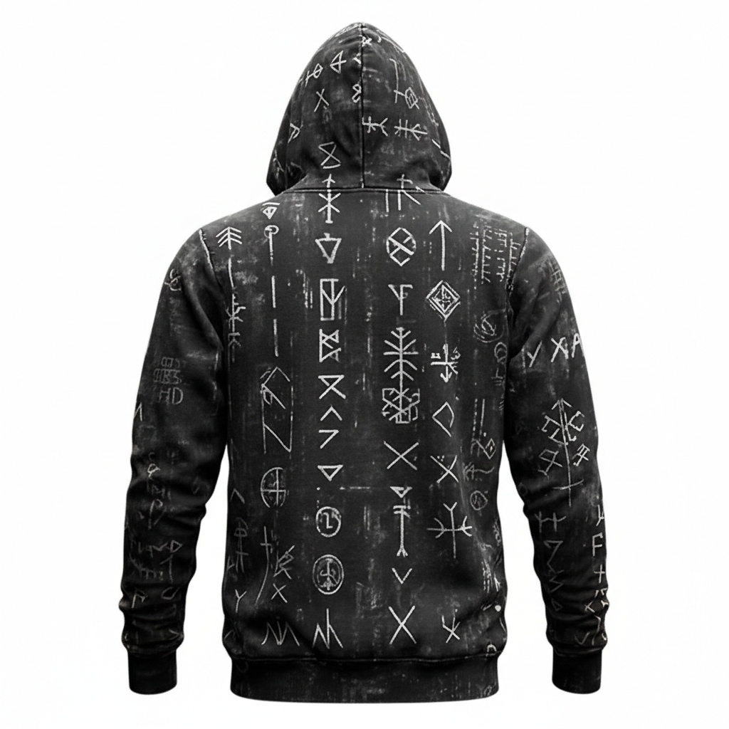 Unisex Full-Zip Hoodie - Distressed Black & White Symbolic Rune Graphic Print Edgy Streetwear