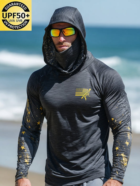 Men's Outdoor Sun Protection Breathable Cool Face Mask Hooded Printed Long-Sleeved Top