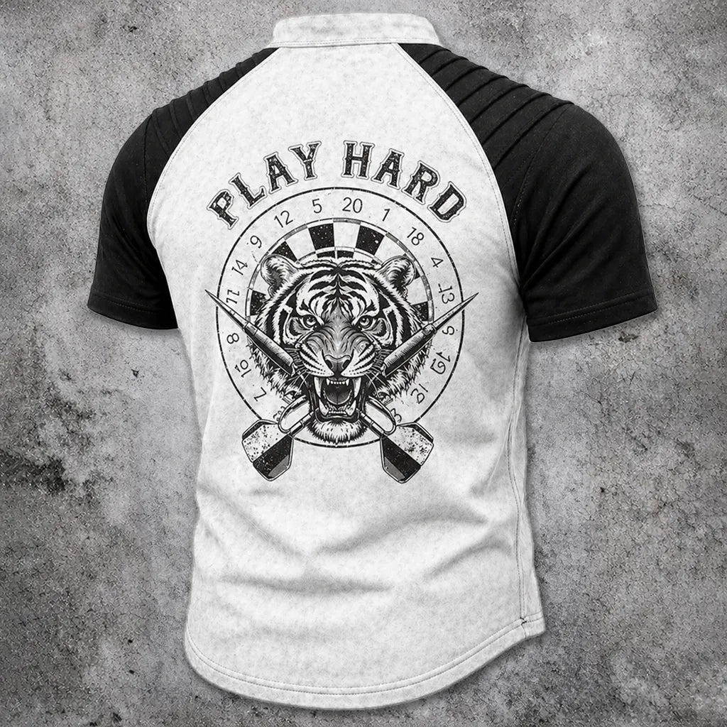 Men's Tiger Graphic Lace-Up Henley T-Shirt - Distressed Raglan Short Sleeve