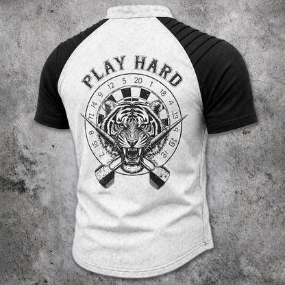 Men's Tiger Graphic Lace-Up Henley T-Shirt - Distressed Raglan Short Sleeve