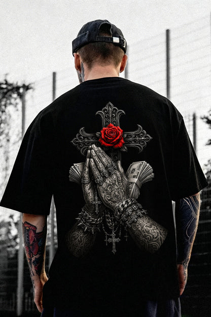 Praying Hands Rose Cross Religious Graphic Printed Men's T-shirt