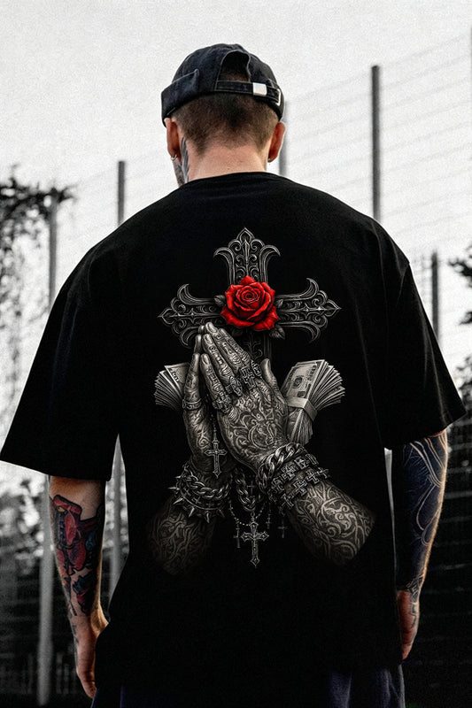 Praying Hands Rose Cross Religious Graphic Printed Men's T-shirt
