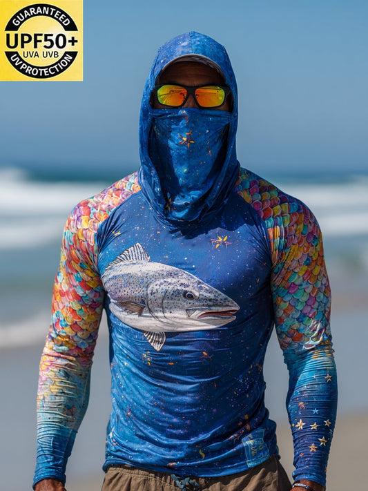 Men's Outdoor Sun Protection Breathable Cool Face Mask Hooded Printed Long-Sleeved Top