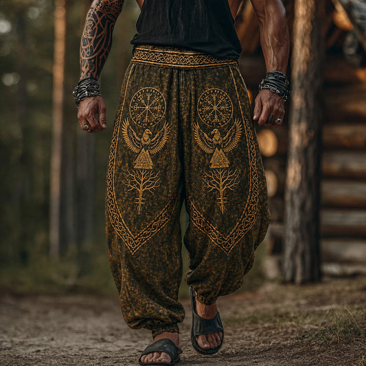 Men's Harem Pants Norse Viking Print Ethnic Loose Fit Drop Crotch Casual Trousers
