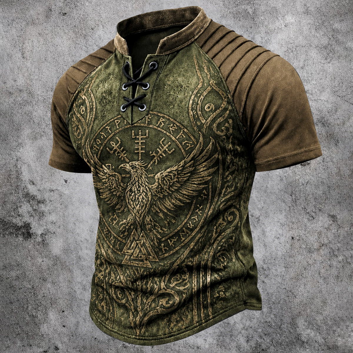 Men's Norse Viking Eagle Print Henley Shirt - Vintage Lace-Up Short Sleeve Tee