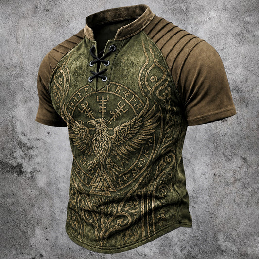 Men's Norse Viking Eagle Print Henley Shirt - Vintage Lace-Up Short Sleeve Tee