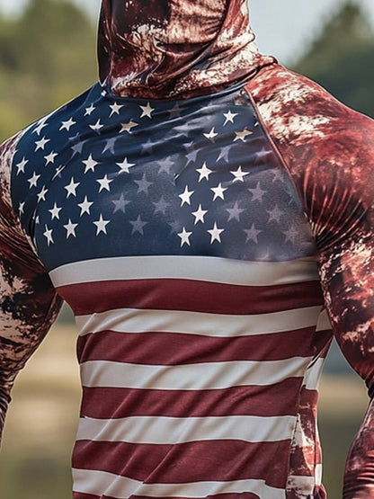 Men's Outdoor Sun Protection Breathable Cool Mask American Flag Print Hooded Sun Protection Long Sleeve Top