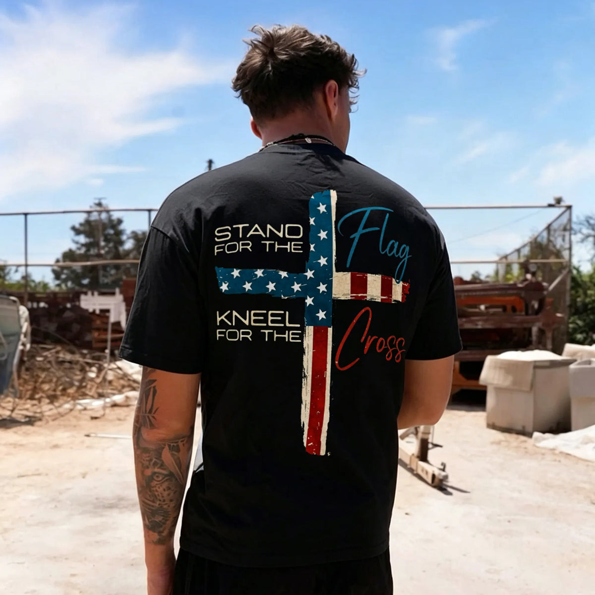 Stand For The Flag Kneel For The Cross American Flag Cross Printed Men's T-shirt