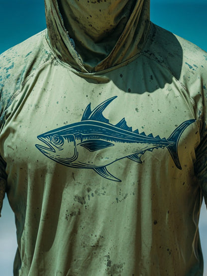 Men's Outdoor Sun Protection Breathable Cool Face Mask Hooded Printed Long-Sleeved Top