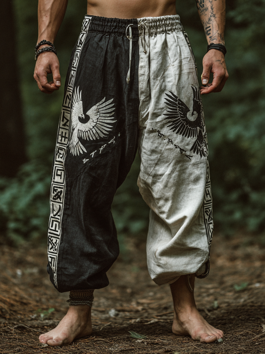 Men's Viking Runes Nordic Two-Tone Raven Pattern Pants