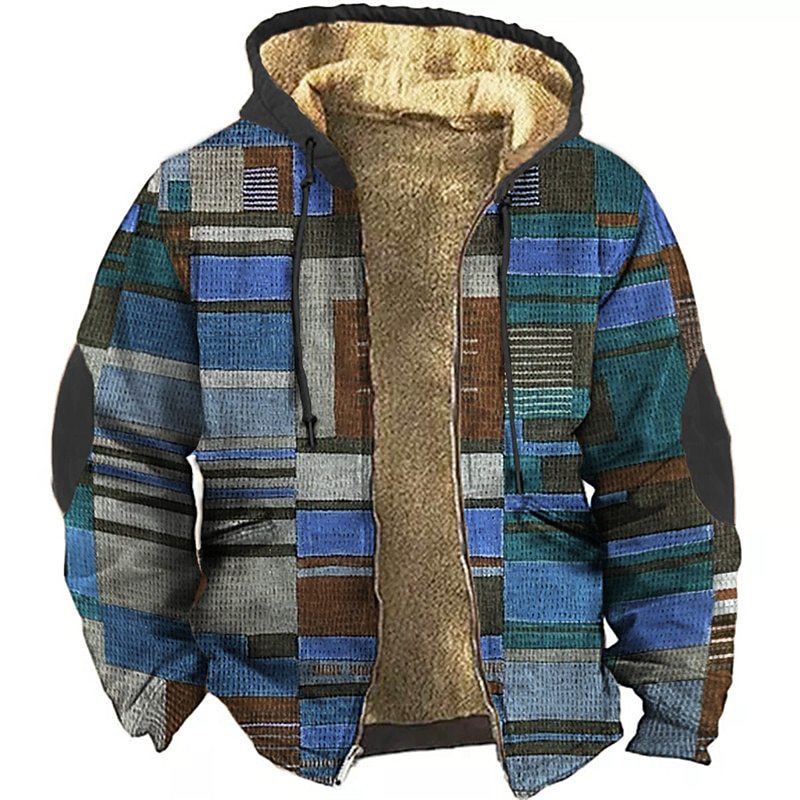 Men's Christmas Retro Colorful Geometric Print Fleece Casual Zipper Holiday Outing Hoodie Coat Jacket