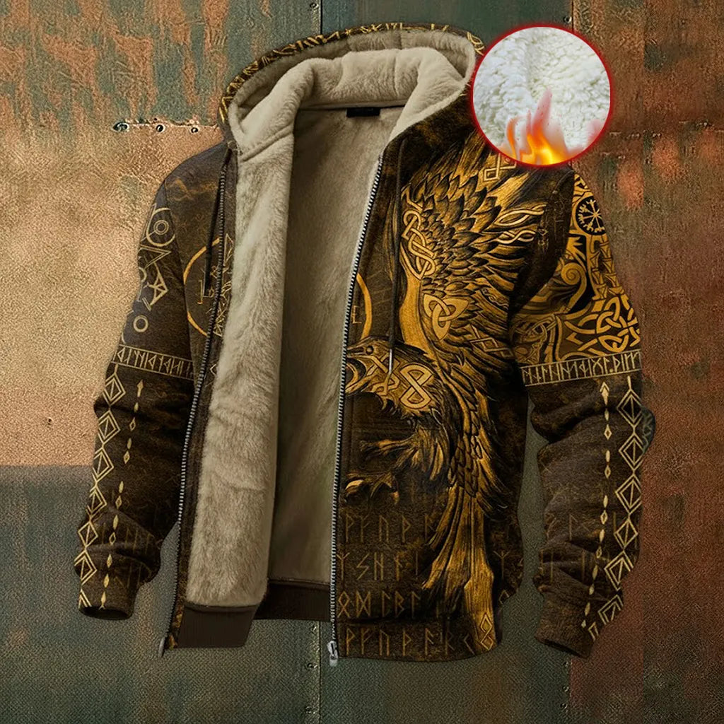 Nordic Style Viking Raven Rune Fleece Inner Lined Winter Hoodie