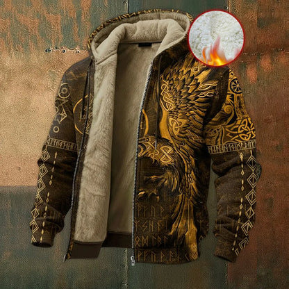 Nordic Style Viking Raven Rune Fleece Inner Lined Winter Hoodie