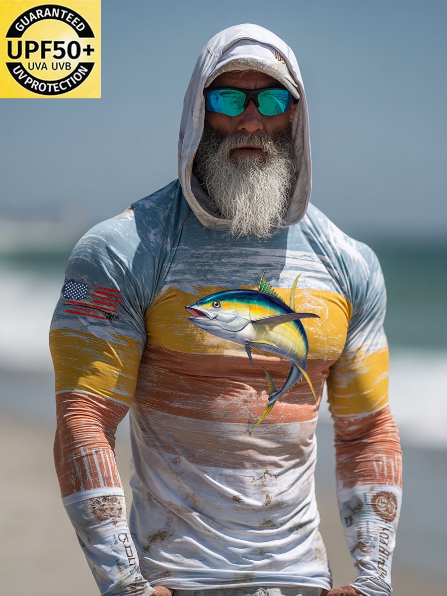 Men's Outdoor Sun Protection Breathable Cool Face Mask Hooded Printed Long-Sleeved Top