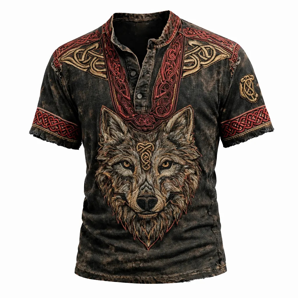 Men's Wolf Graphic Henley Shirt - Distressed Celtic Knot Short Sleeve Button Top