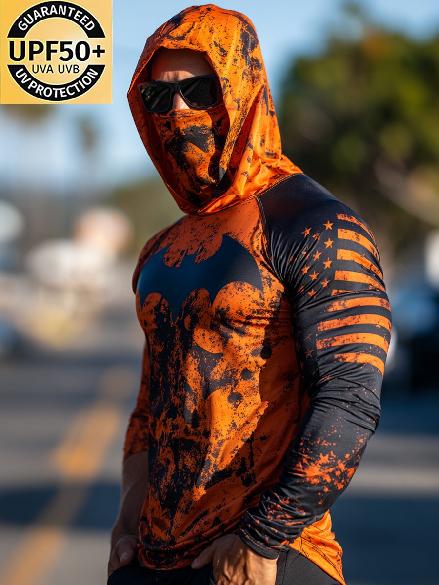 Men's Outdoor Sun Protection Breathable Cool Mask American Flag Print Hooded Sun Protection Long Sleeve Top