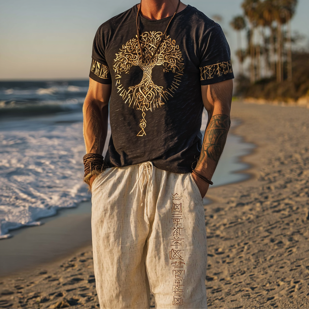 Men's Vintage Viking Distressed Linen Set – Tree Of Life & Rune Design