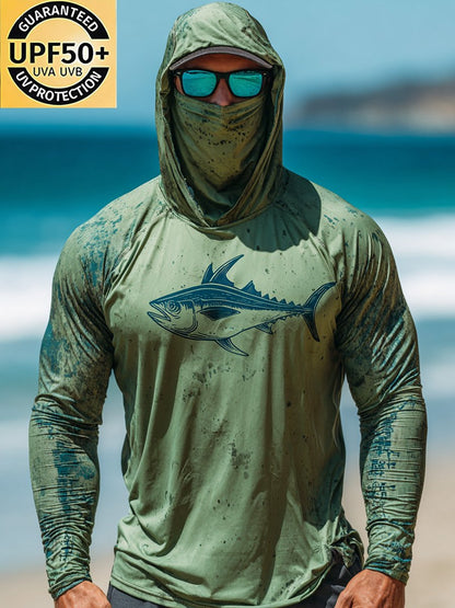 Men's Outdoor Sun Protection Breathable Cool Face Mask Hooded Printed Long-Sleeved Top