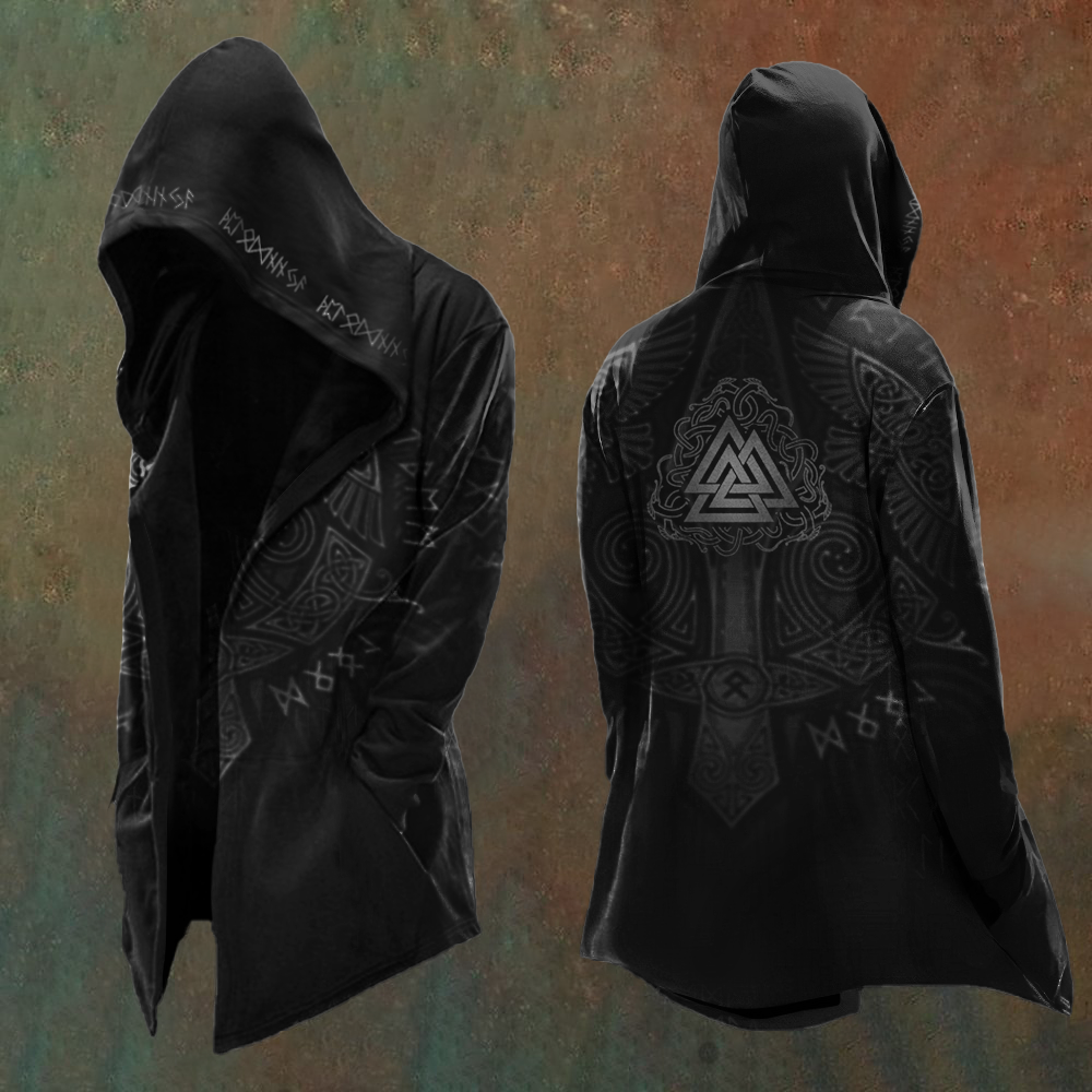 Men's Vikings Mythology Vegvisir Symbol Printed Vintage Hooded Jacket