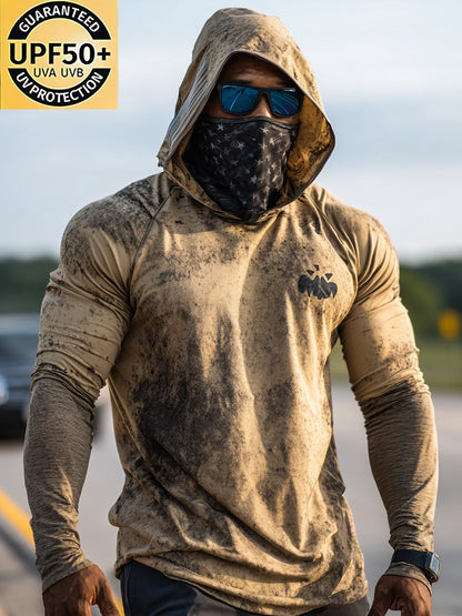 Men's Retro Logo Outdoor Sun Protection Breathable Cooling Mask Hooded Sun Protection Long Sleeve Top