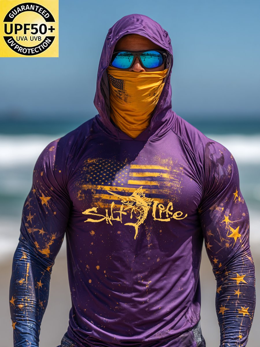Men's Outdoor Sun Protection Breathable Cool Face Mask Hooded Printed Long-Sleeved Top