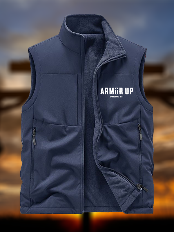 Armor Up Jesus God Christian Reversible Outdoor Fleece-Lined Multi-Pocket Vest