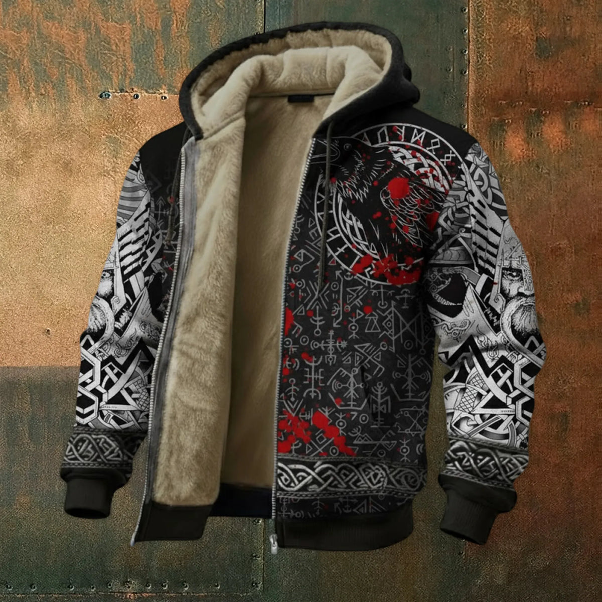 Viking Nordic Raven Vegvisir Rune Casual Long-Sleeve Warm Fleece Hoodie