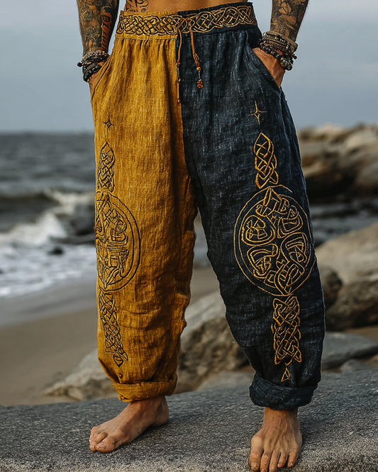 Men's Viking Retro Nordic Two-Tone Golden Compass Totem Linen Pants