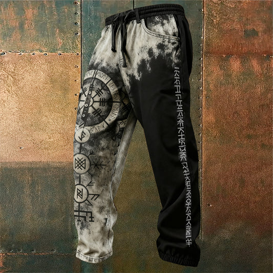 Viking Retro Rune Vintage Washed Printed Street Trousers