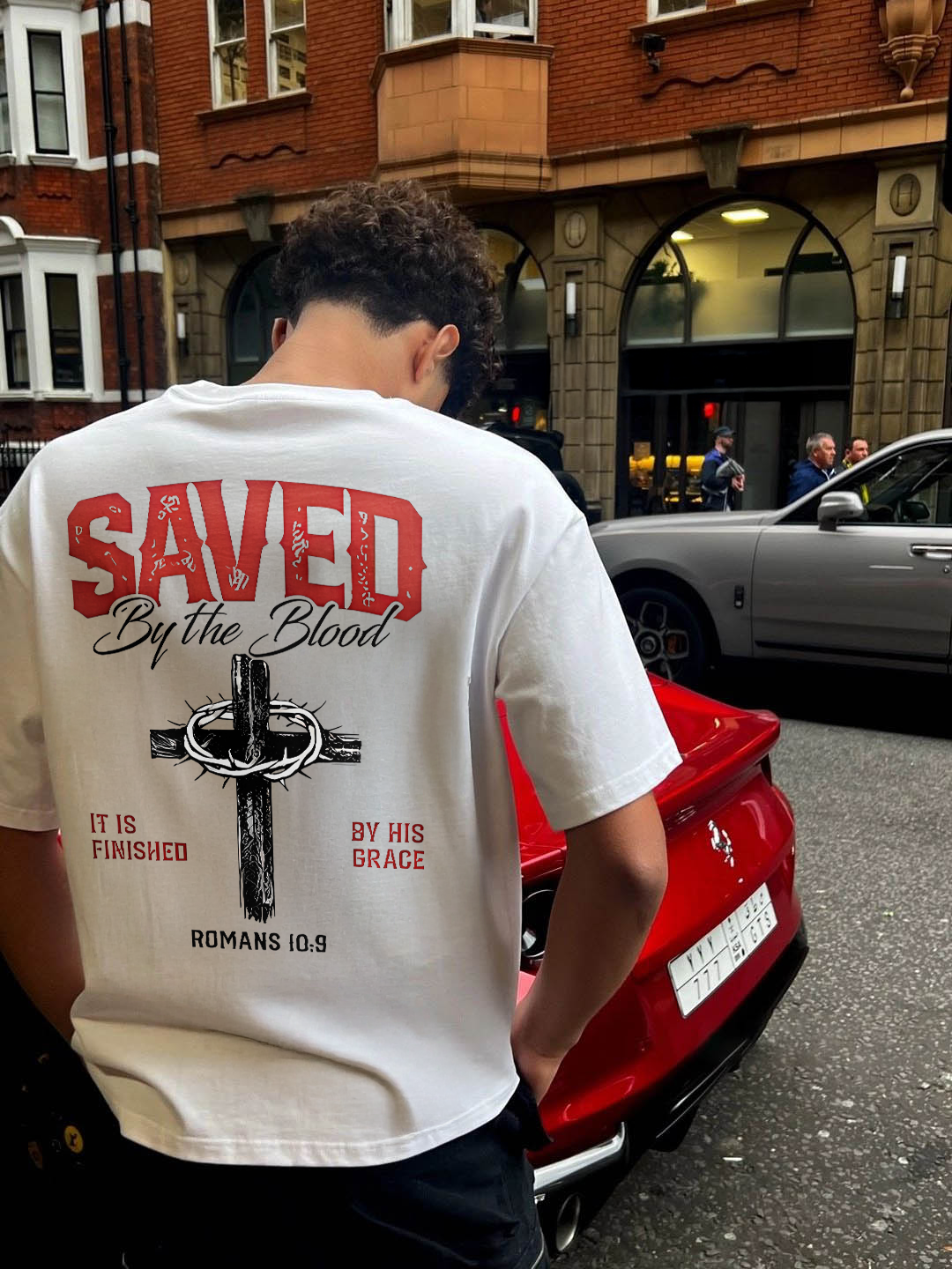 Saved By The Blood It Is Finished By His Grace Romans 10:9 Men's T-Shirt