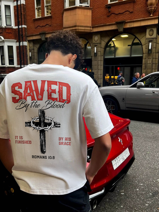 Saved By The Blood It Is Finished By His Grace Romans 10:9 Men's T-Shirt