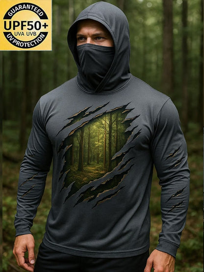 Men's Outdoor Sun Protection Breathable Cool Real 3D Printed Mask Hooded Sun Protection Long-Sleeved Top