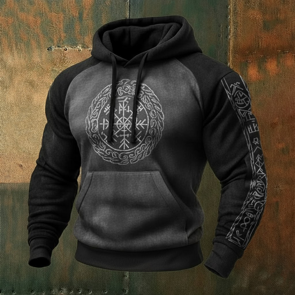Nordic Viking Style Retro Vegvísir Tree Of Life Casual Long-Sleeve Hoodie