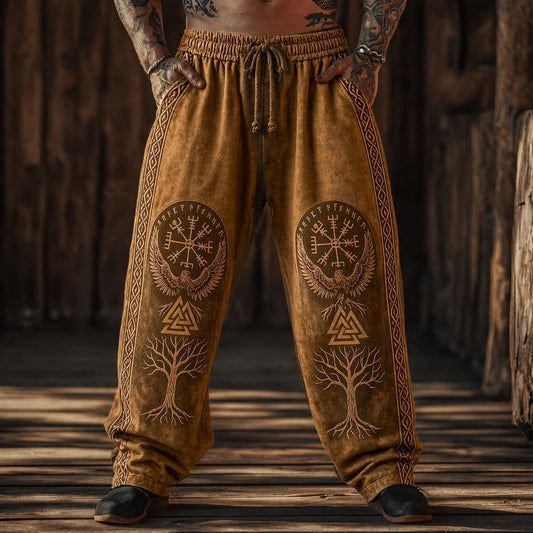 Men's Viking Norse Graphic Print Pants - Distressed Brown Casual Relaxed Fit
