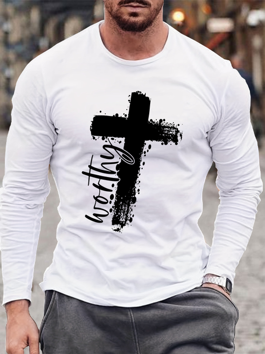 Worthy Cross Print Cotton Long Sleeve T-Shirt