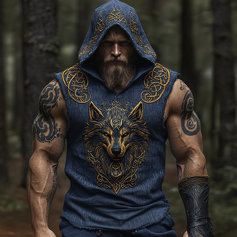 Men's Print Celtic Knot Inspired Wolf Golden Art Pattern Tank Top Hoodie