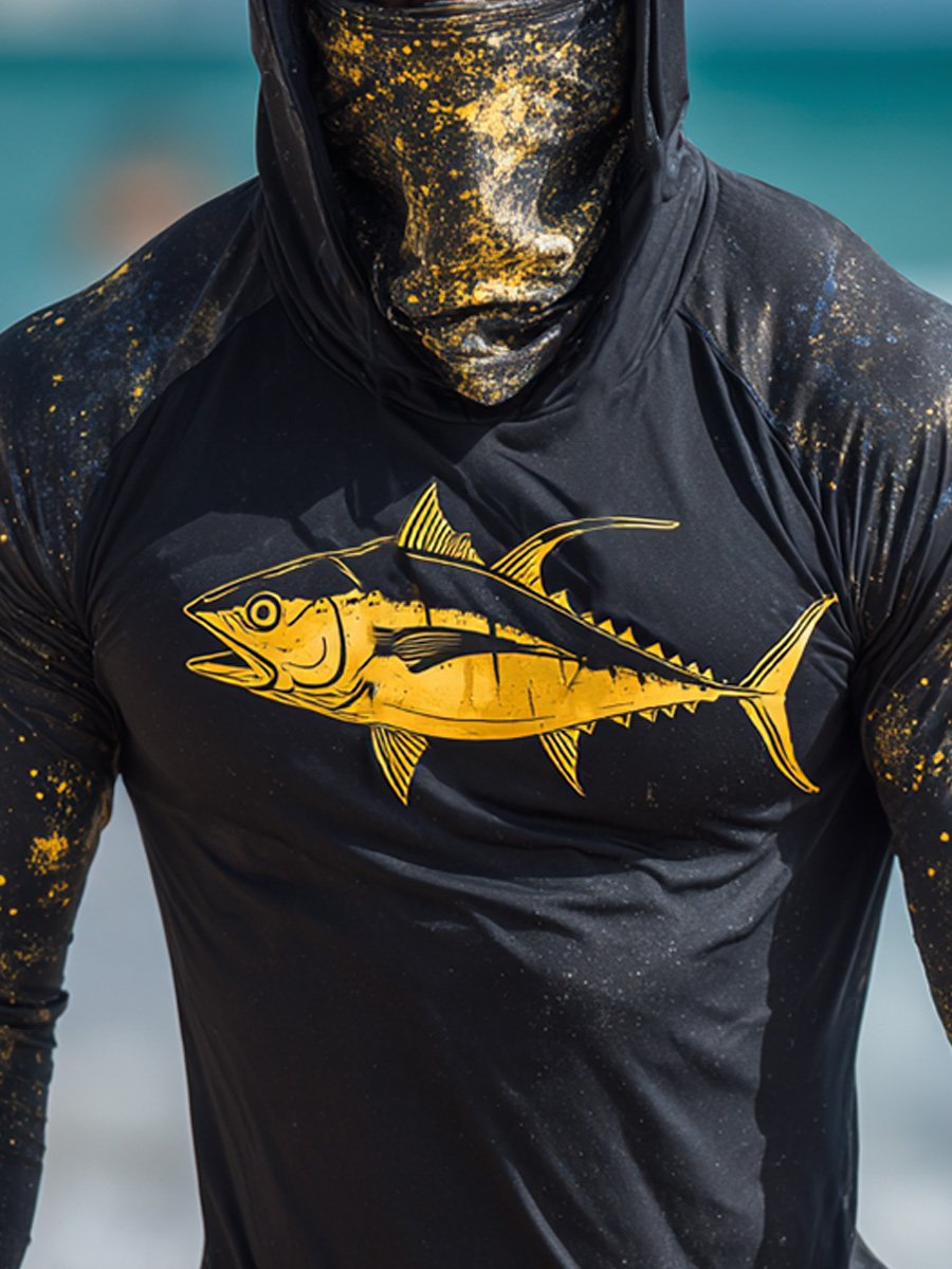 Men's Outdoor Sun Protection Breathable Cool Face Mask Hooded Printed Long-Sleeved Top