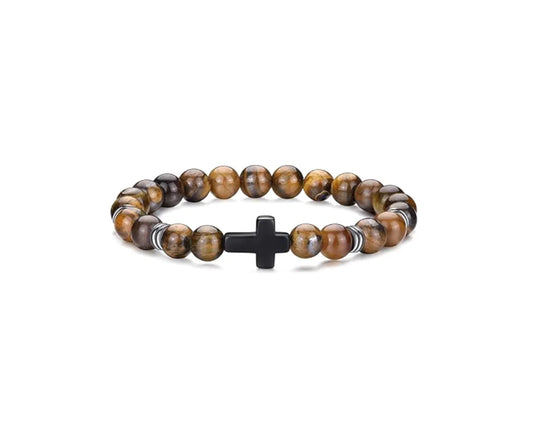 Cross Stone Bead Bracelet - Tiger's Eye