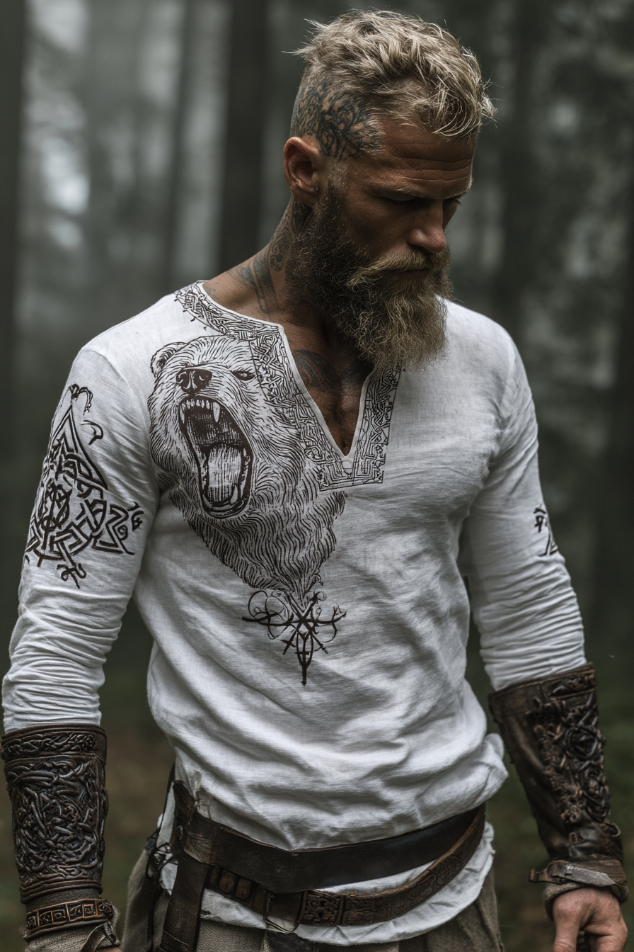 Men's Viking Nordic Bear Totem Rune Retro Henley Long-Sleeve Shirt