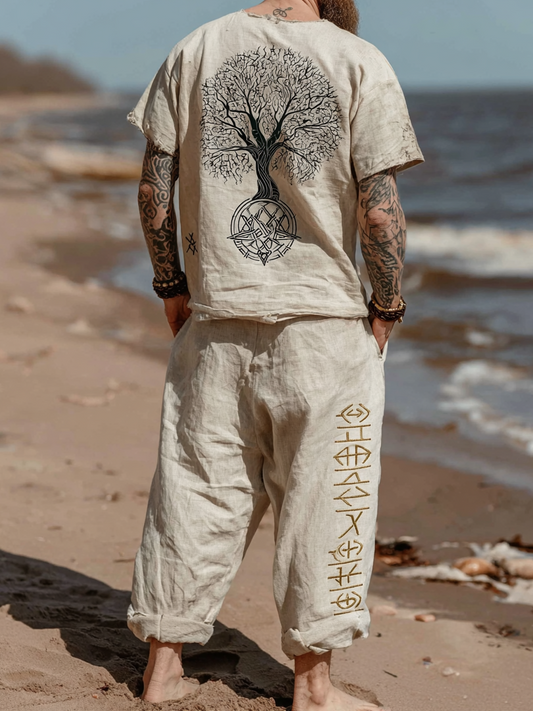 Men's Vintage Viking Distressed Linen Set – Yggdrasil & Rune Design