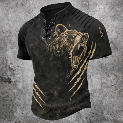 Men's Lace-Up Henley T-Shirt - Roaring Bear Claw Print Black Gold Vintage Short Sleeve Top