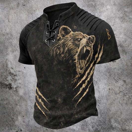 Men's Lace-Up Henley T-Shirt - Roaring Bear Claw Print Black Gold Vintage Short Sleeve Top