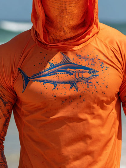 Men's Outdoor Sun Protection Breathable Cool Face Mask Hooded Printed Long-Sleeved Top