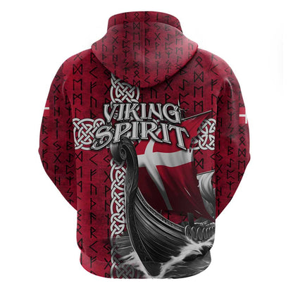 Denmark Viking Longship Zipper Norse Rune & Celtic Cross Danish Flag Viking Hoodie