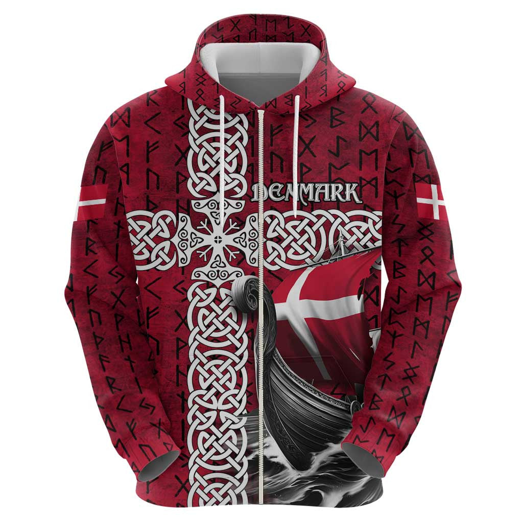 Denmark Viking Longship Zipper Norse Rune & Celtic Cross Danish Flag Viking Hoodie
