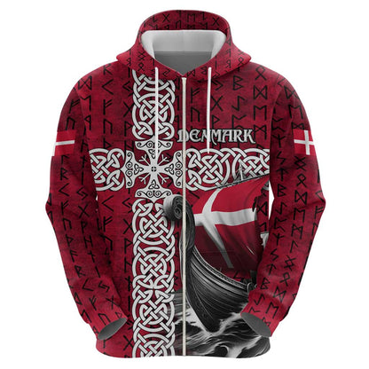 Denmark Viking Longship Zipper Norse Rune & Celtic Cross Danish Flag Viking Hoodie