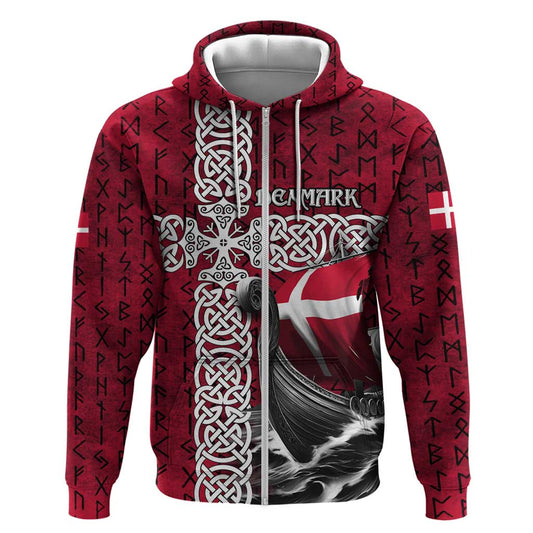 Denmark Viking Longship Zipper Norse Rune & Celtic Cross Danish Flag Viking Hoodie